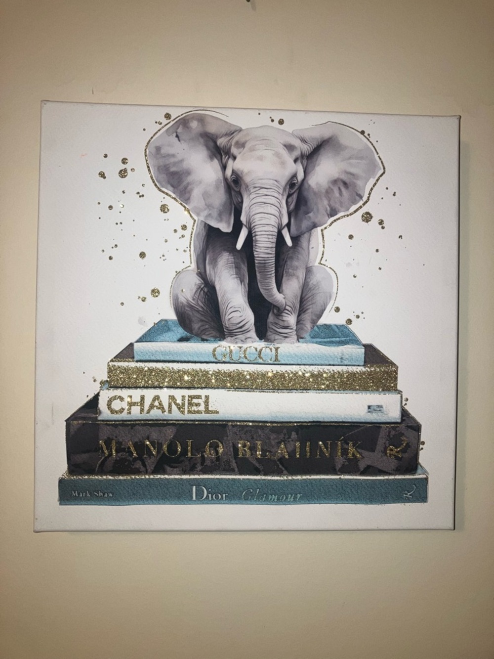 Elephant Canvas Designers Wall Art w/ Gold Glitter Accents
